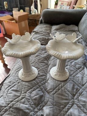 White Ceramic Pedestal Birdbath Pair - Decorative Home Accent